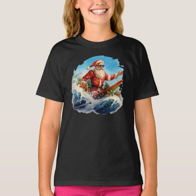 Santa Claus Surfing Shredding Waves Girls T - Shir T-Shirt (Vorderseite)