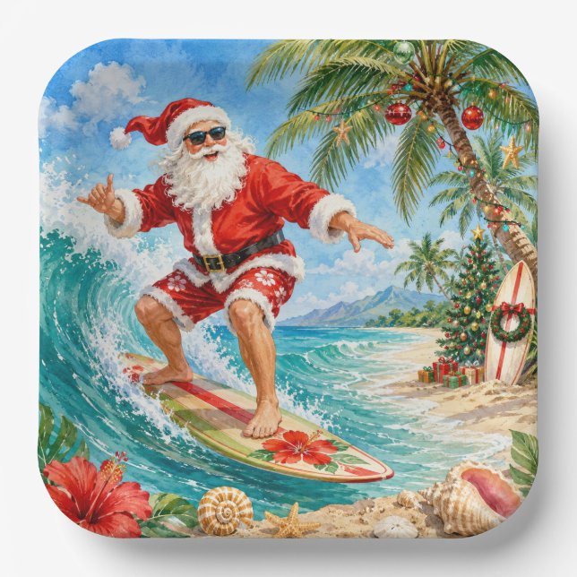 Santa Claus Surft am Strand Weihnachtsfeier  Pappteller (Vorderseite)