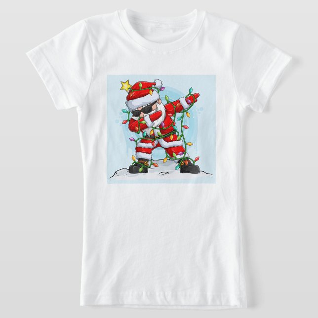 Santa Claus T-Shirt (A playful Santa character in a festive outfit, tangled in colorful Christmas lights. )