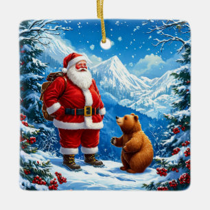 Santa Claus trifft freundlichen Bären im schneebed Keramikornament