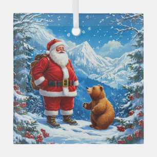 Santa Claus trifft freundlichen Bären im schneebed Ornament Aus Glas