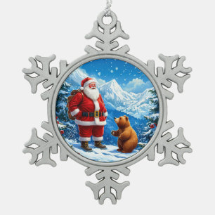 Santa Claus trifft freundlichen Bären im schneebed Schneeflocken Zinn-Ornament