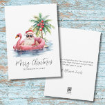 Santa Claus Tropical Beach Weihnachten<br><div class="desc">Mit dieser einzigartigen Weihnachtskarte mit einem entspannten Santa Claus in einer Sonnenbrille in einem rosa Flamingo Floaty im Ozean genießen Sie den Urlaubssinn. Diese Karte eignet sich ideal für Urlaubswünsche am Strand und ist ideal für alle, die an tropischen Orten wie Florida, Hawaii oder den Bahamas leben, oder für diejenigen,...</div>