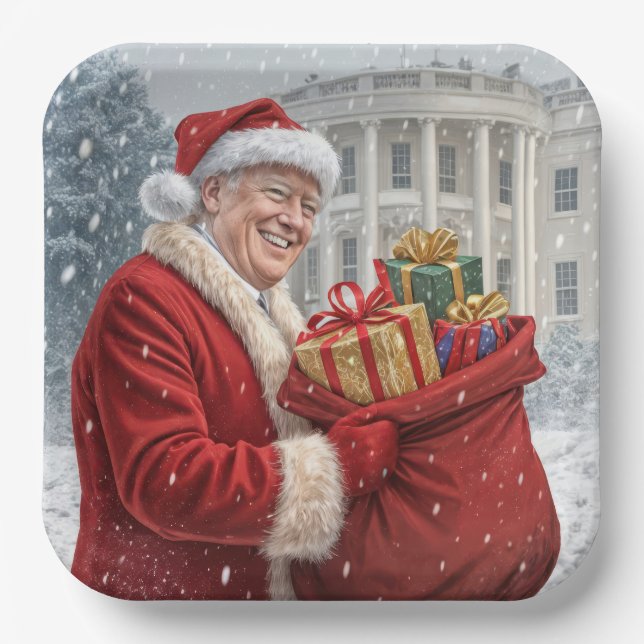 Santa Claus Trump mit Geschenktasche Pappteller (Vorderseite)