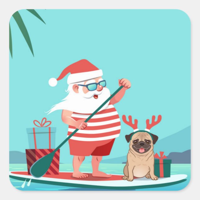 Santa Claus und His Pug Wir haben Surfboard Quadratischer Aufkleber (Vorderseite)