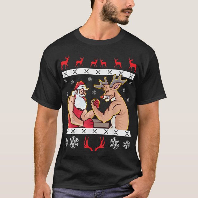 Santa Claus und Rentier Arm Wrestling Ugly Christ T-Shirt (Vorderseite)