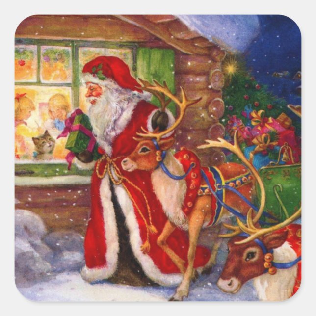 Santa Claus und Rudolph Quadratischer Aufkleber (Vorderseite)