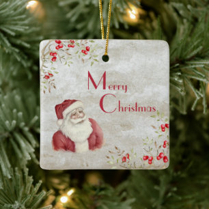 Santa Claus Watercolor Winter Berries Rot Vintag Keramikornament