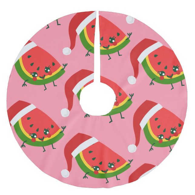 Santa claus watermelon rosa Weihnachten Polyester Weihnachtsbaumdecke (Vorderseite)