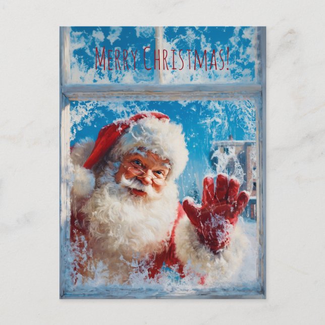 Santa Claus waving cheerfully from a snowy window Postkarte (Vorderseite)