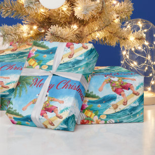 Santa Claus Weihnachten im Juli am Strand Surfer Geschenkpapier