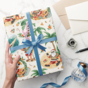 Santa Claus Weihnachten im Juli am Strand Surfer Geschenkpapier
