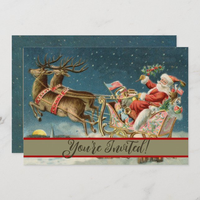 Santa Claus Weihnachts Antique Sleigh Rentier Einladung (Vorne/Hinten)