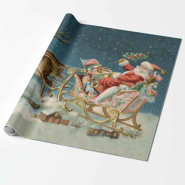 Santa Claus Weihnachts Antique Sleigh Rentier Geschenkpapier (Ungerollt)