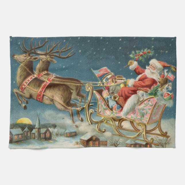 Santa Claus Weihnachts Antique Sleigh Rentier Geschirrtuch (Horizontal)