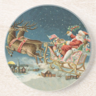 Santa Claus Weihnachts Antique Sleigh Rentier Getränkeuntersetzer
