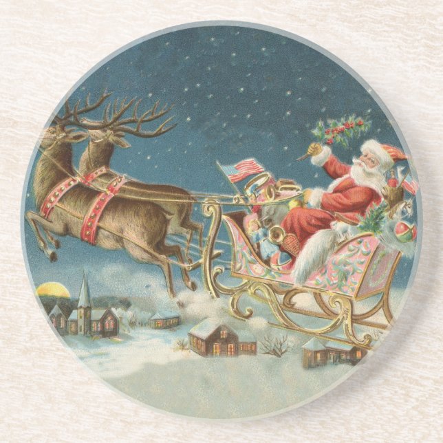 Santa Claus Weihnachts Antique Sleigh Rentier Getränkeuntersetzer (Vorne)