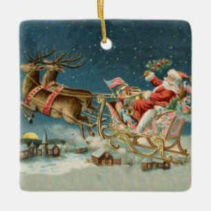 Santa Claus Weihnachts Antique Sleigh Rentier Keramikornament