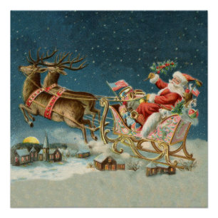 Santa Claus Weihnachts Antique Sleigh Rentier Poster