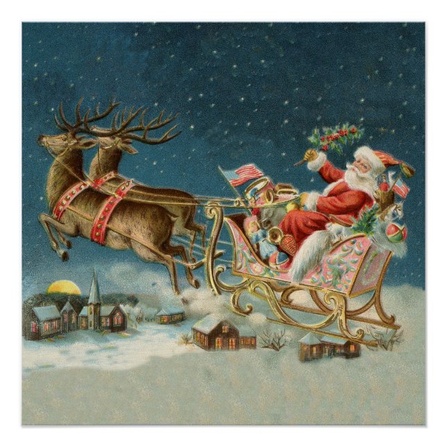 Santa Claus Weihnachts Antique Sleigh Rentier Poster (Vorderseite)