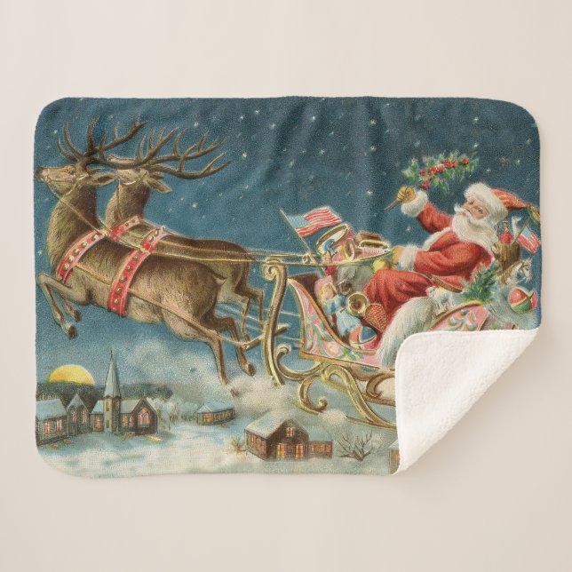 Santa Claus Weihnachts Antique Sleigh Rentier Sherpadecke (Vorderseite (Horizontal))
