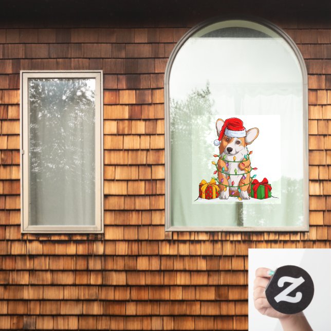 Santa Claus Welsh Corgi wrammelte in Weihnachtslic Fensteraufkleber (Fenster Zuhause)