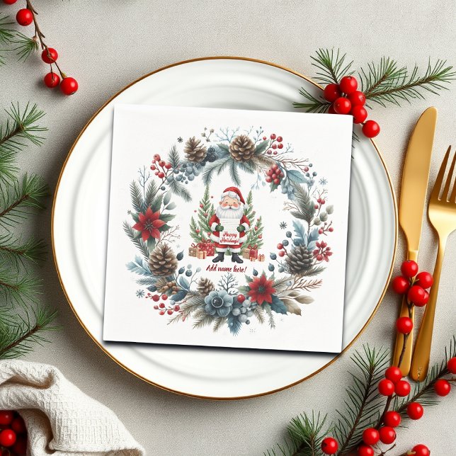 Santa Claus Winter Wreath Happy Holidays Serviette (Von Creator hochgeladen)