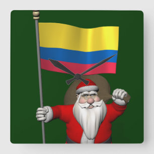 Santa Claus With Ensign Of Colombia Quadratische Wanduhr