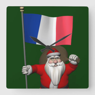Santa Claus With Ensign Of France Quadratische Wanduhr