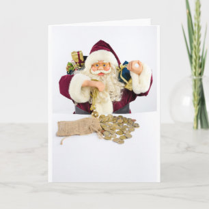 Santa Claus with gifts and money coins Feiertagskarte