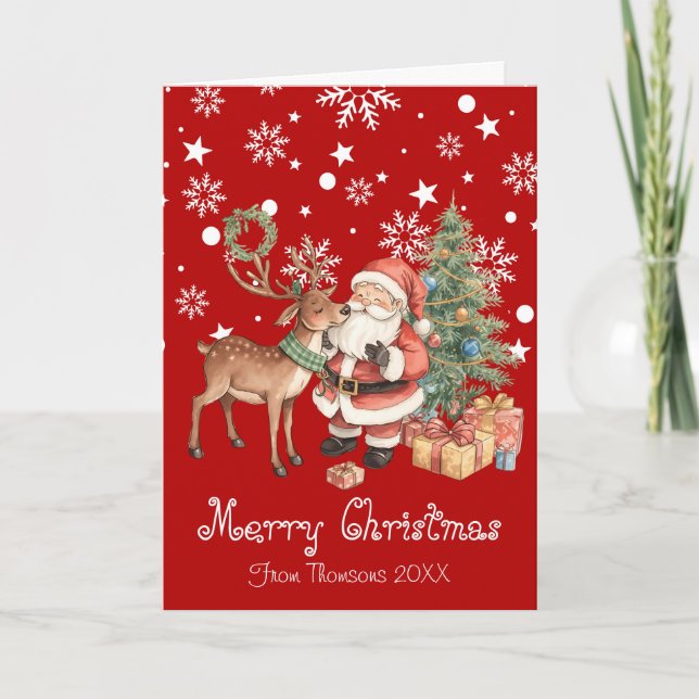 Santa Claus with reindeer whimsical Greeting Card Karte (Vorderseite)