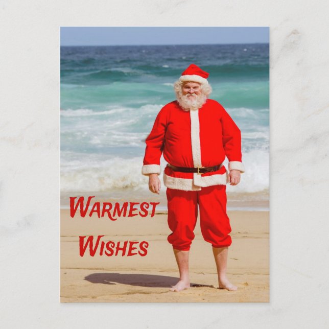 Santa Clause am Strand Warmest wünscht einen sonni Postkarte (Vorderseite)