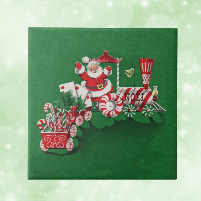 Santa Clause Candy Train Fliese (Santa riding red and white train with letters candy canes with peppermint wheels on green tile.)