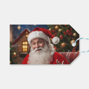 Santa Clause lächelt und windet Geschenkanhänger