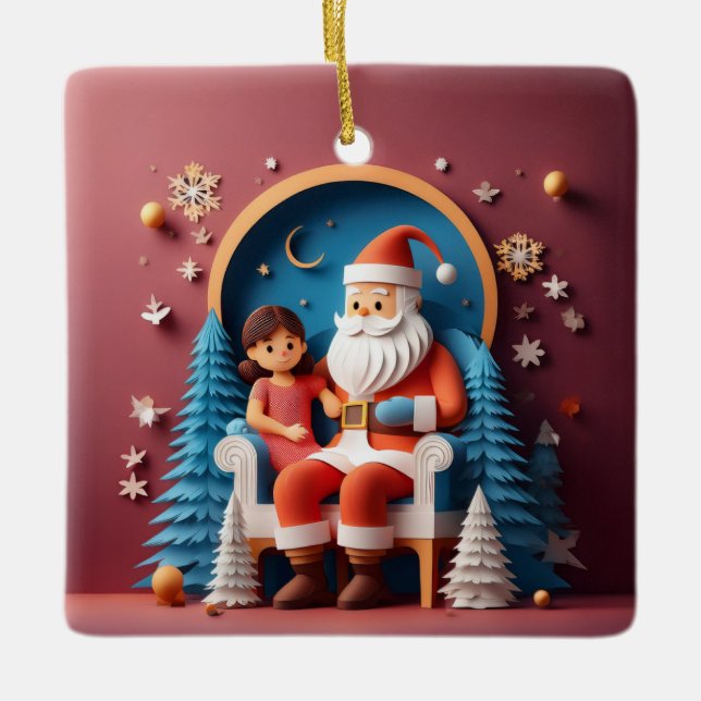 Santa Clause Layered Paper Christmas Tree Keramikornament (Vorderseite)