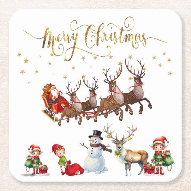 Santa Clause mit Rentieren, die seinen Schlitten z Rechteckiger Pappuntersetzer (Vorderseite)