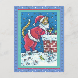 SANTA CLAWS CAT AUF ROOFTOP BRINGT GIFTS, FUNNY POSTKARTE