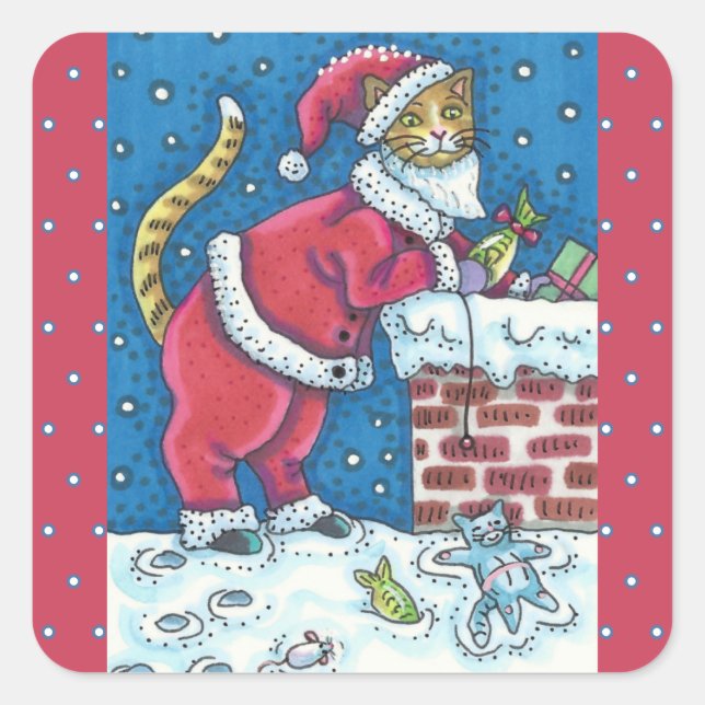 SANTA CLAWS CAT AUF ROOFTOP BRINGT GIFTS, FUNNY QUADRATISCHER AUFKLEBER (Vorderseite)