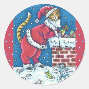 SANTA CLAWS CAT AUF ROOFTOP BRINGT GIFTS, FUNNY RUNDER AUFKLEBER