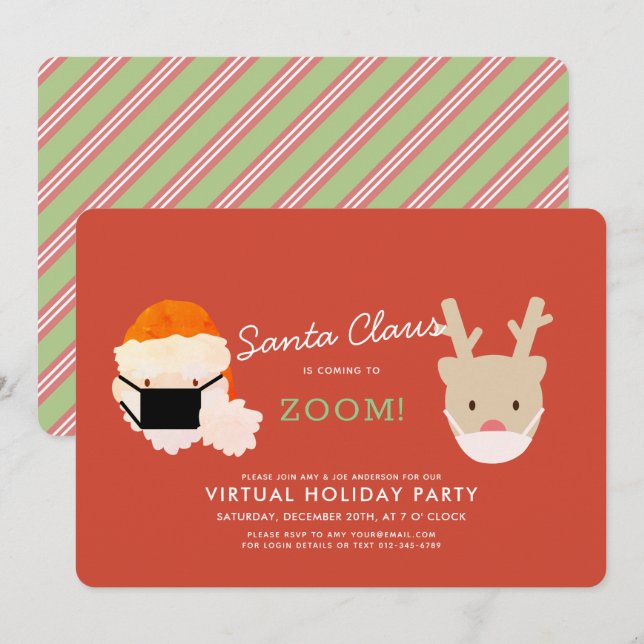 Santa Coming to Zoom Red Virtual Holiday Party I Einladung (Vorne/Hinten)