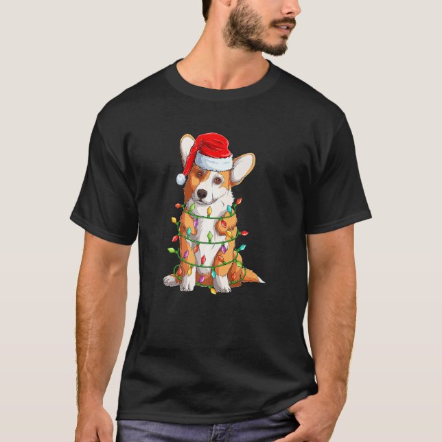 Santa Corgi mit Weihnachtsbaumleuchten Weihnachten T-Shirt (Vorderseite)