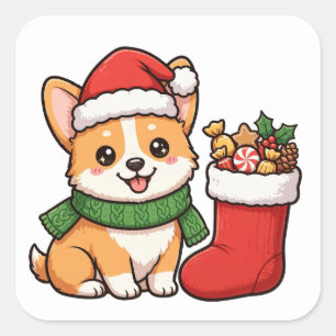 Santa Corgi Welpen Weihnachtsaufkleber Quadratischer Aufkleber