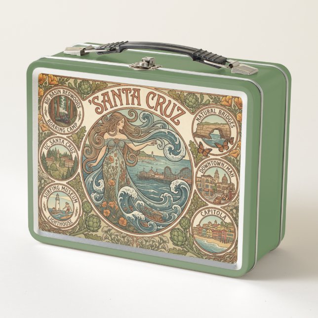 Santa Cruz California Art‑Nouveau Coast Metall Brotdose (Vorderseite)