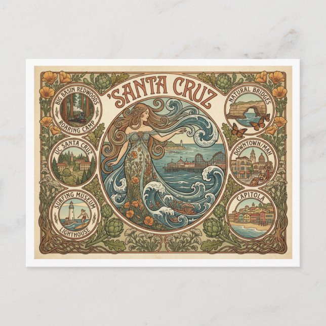 Santa Cruz California Art‑Nouveau Coast Postkarte (Vorderseite)