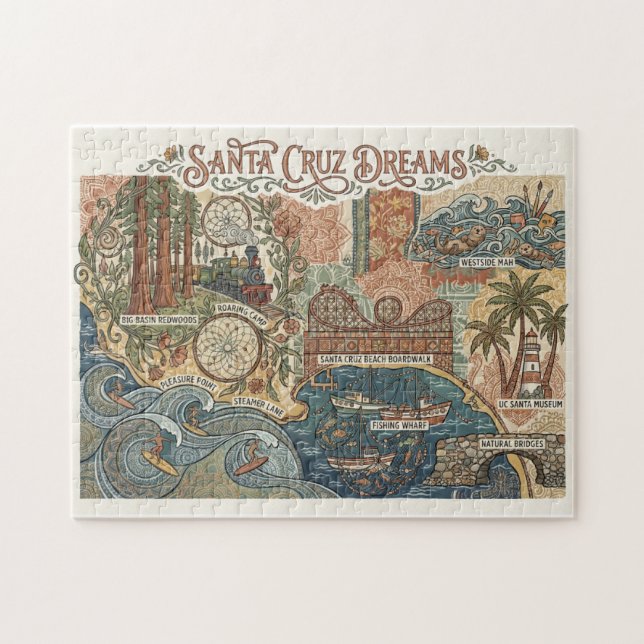 Santa Cruz California Dreams Map  Surfing Coast Puzzle (Horizontal)