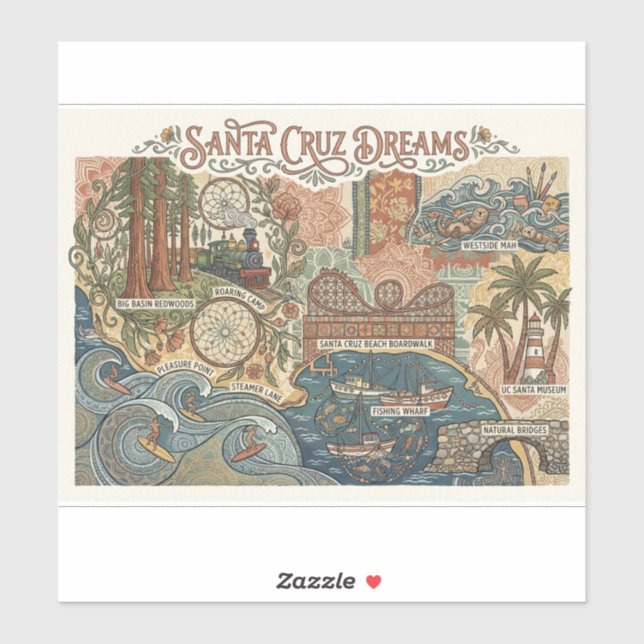 Santa Cruz California Dreams Map UCSC Surfing Aufkleber (Blatt)