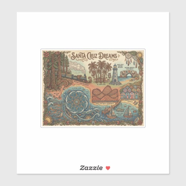 Santa Cruz California Dreams Map – Vibrant Coast Aufkleber (Blatt)