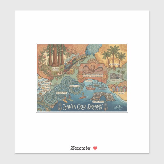 Santa Cruz California Dreams Map – Vibrant Coast Aufkleber (Blatt)