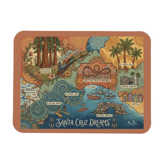 Santa Cruz California Dreams Map – Vibrant Coast Magnet (Horizontal)