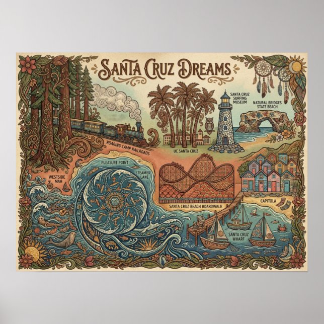 Santa Cruz California Dreams Map – Vibrant Coast Poster (Vorne)
